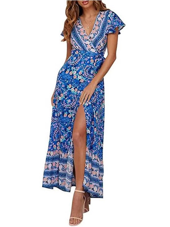 Dresses & Skirts - Like New! Floral Wrap V-Neck Blue Maxi Dress